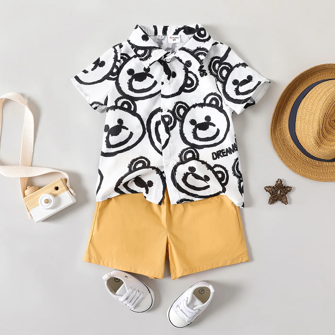 2pcs Toddler Boy Bear Print Lapel Collar Shirt and Elasticized Shorts Set White big image 1