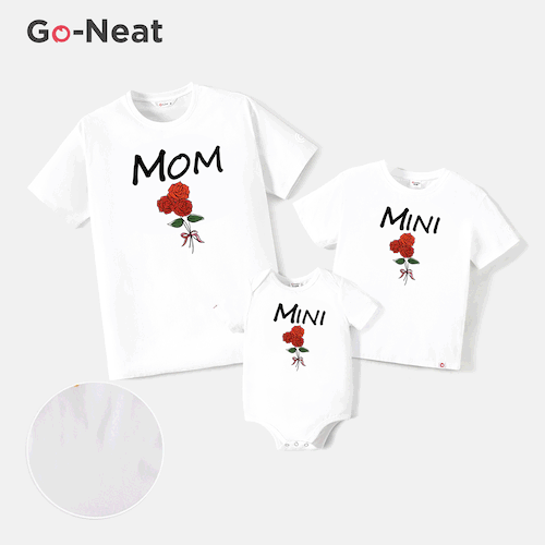 Go-Neat, wasserabweisendes und schmutzabweisendes Mommy and Me Kurzarm-T-Shirt mit rotem Rosen- und Buchstabenaufdruck