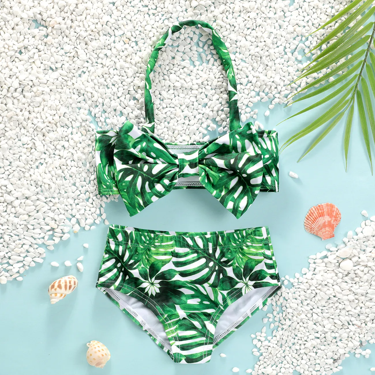 2pcs Toddler Girll Floral Leaf Print Halter Swimsuits Green big image 1
