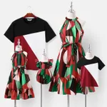Family Matching Allover Geo Print Halter Belted Dresses and Short-sleeve Colorblock T-shirts Sets  image 2
