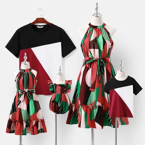 Family Matching Allover Geo Print Halter Belted Dresses and Short-sleeve Colorblock T-shirts Sets