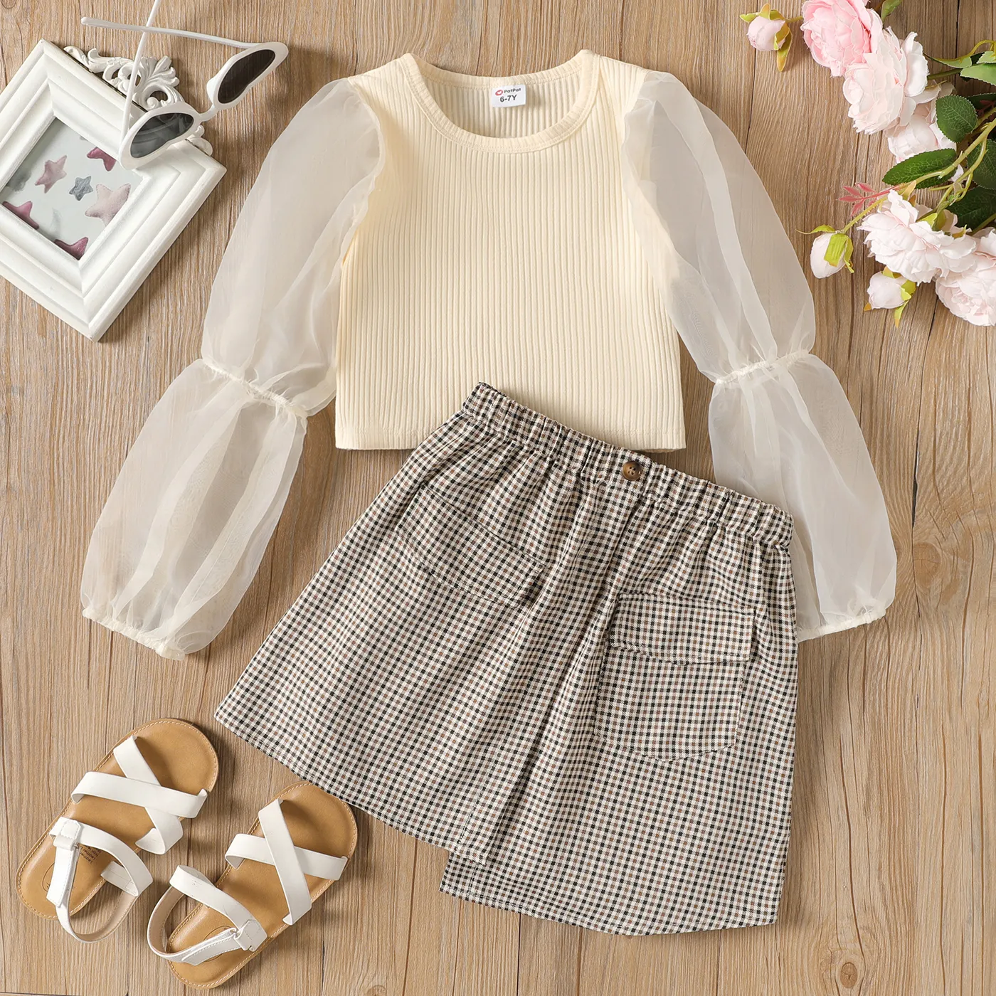 2pcs Kid Girl Mesh Long-sleeve Ribbed Top and Plaid Skirt Set  big image 1