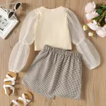 2pcs Kid Girl Mesh Long-sleeve Ribbed Top and Plaid Skirt Set  image 2