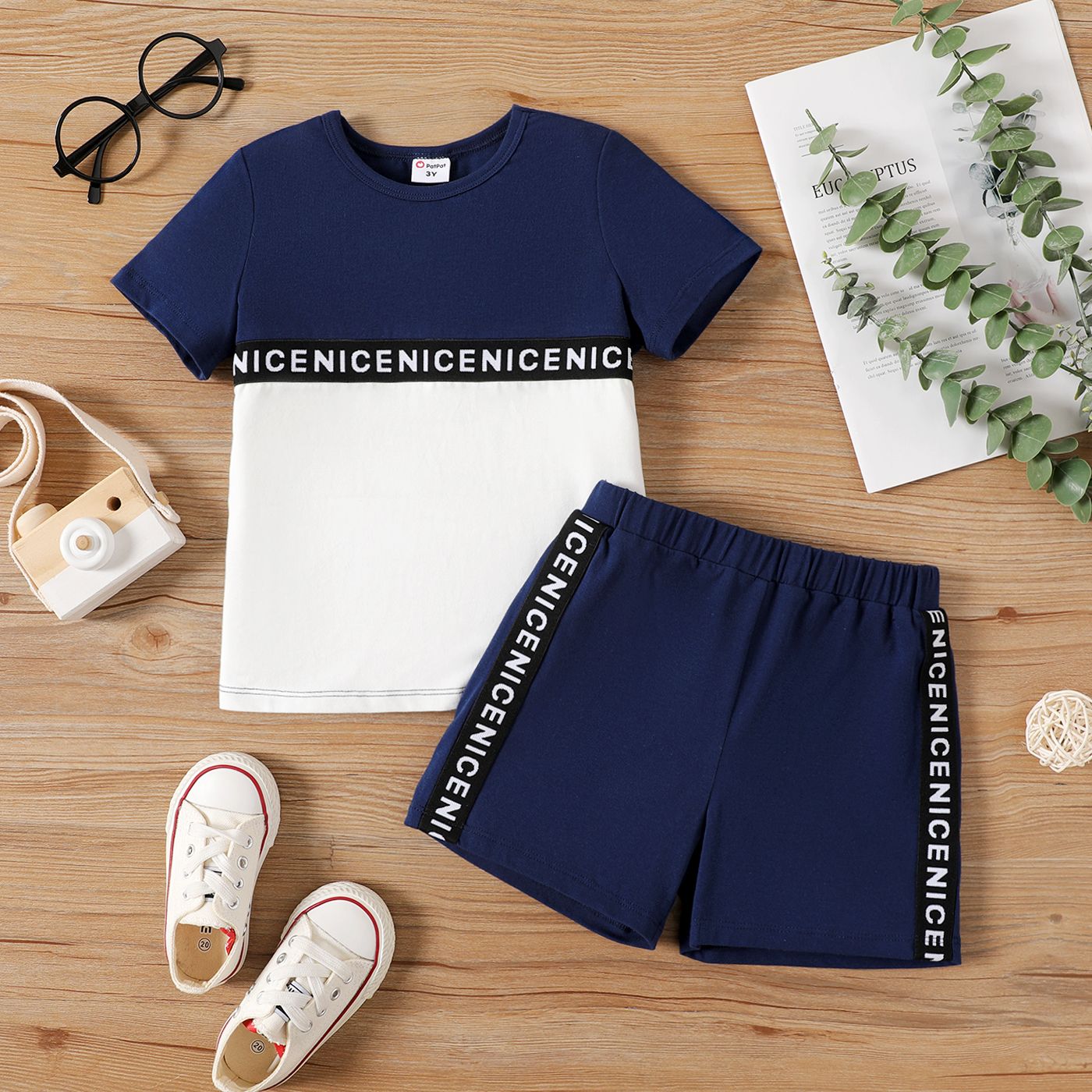 

2pcs Toddler Boy Letter Print Colorblock Cotton Short-sleeve Tee and Elasticized Shorts Set