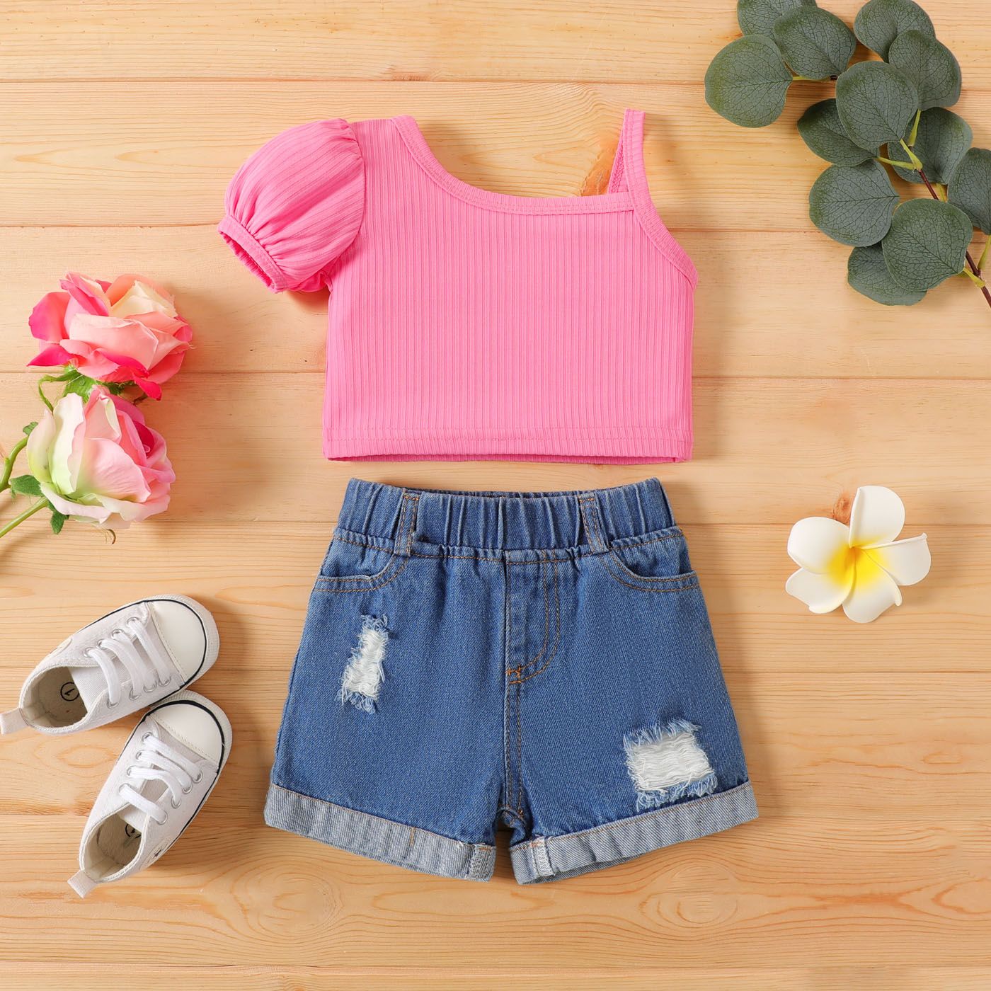 2pcs Baby Solid Ribbed One-Shoulder Top And 95% Cotton Ripped Denim Shorts Set