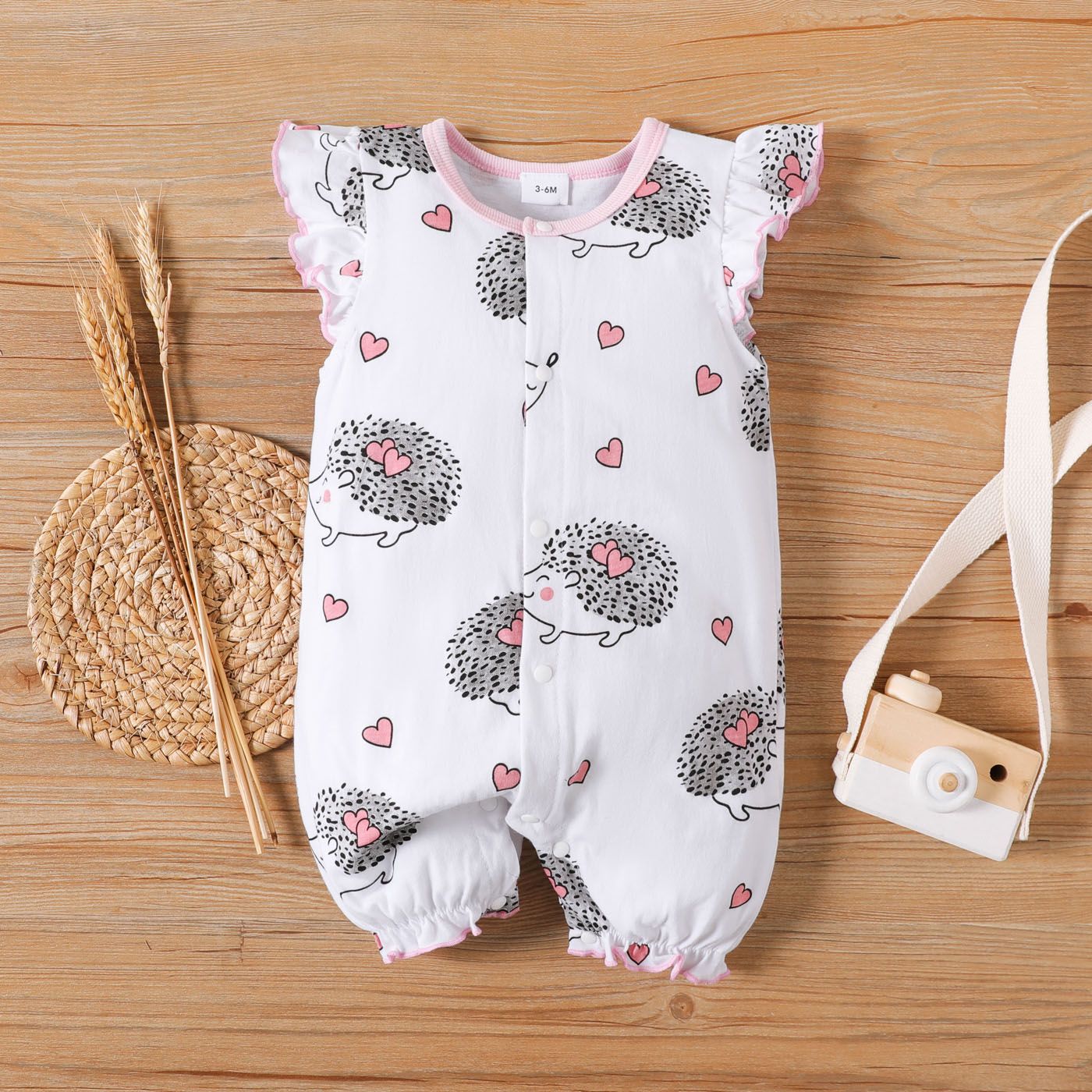 Baby Girl 100% Cotton Hedgehog Print Flutter-sleeve Romper