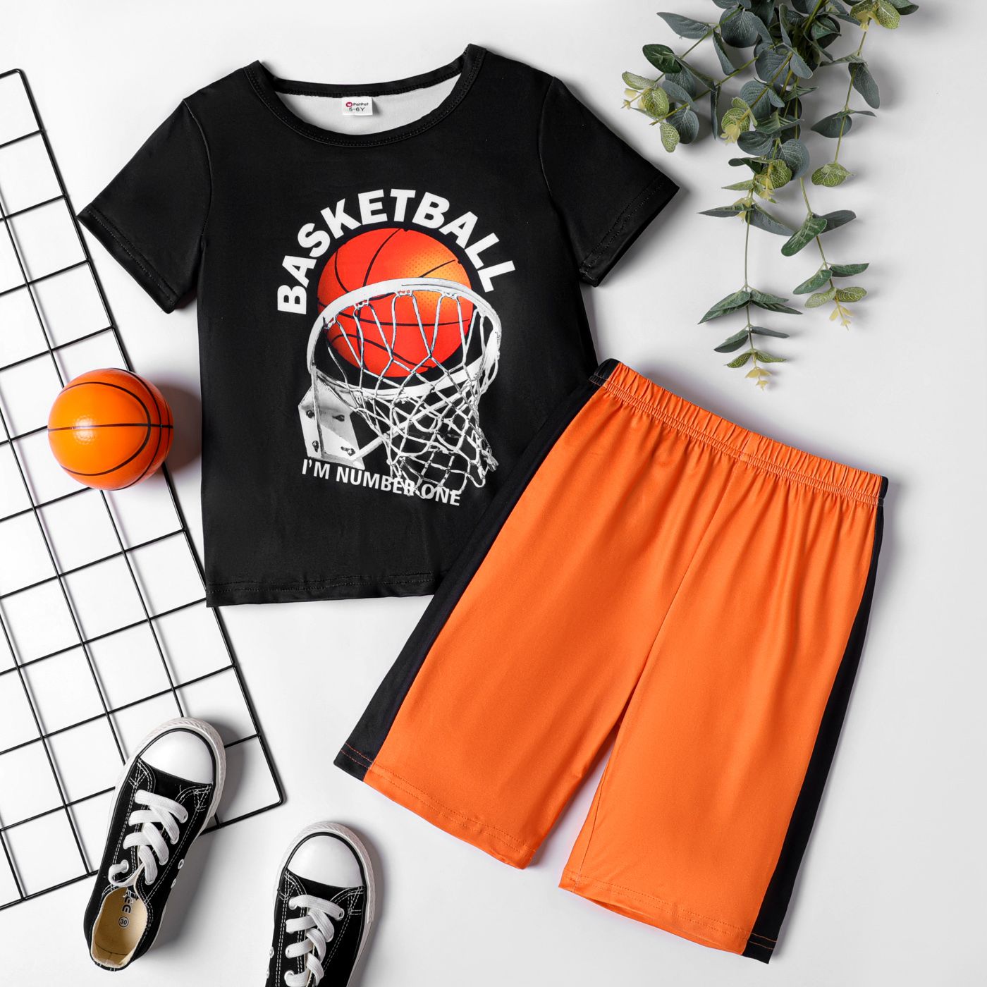 

2pcs Kid Boy Basketball Print Sports Tee and Colorblock Shorts Set