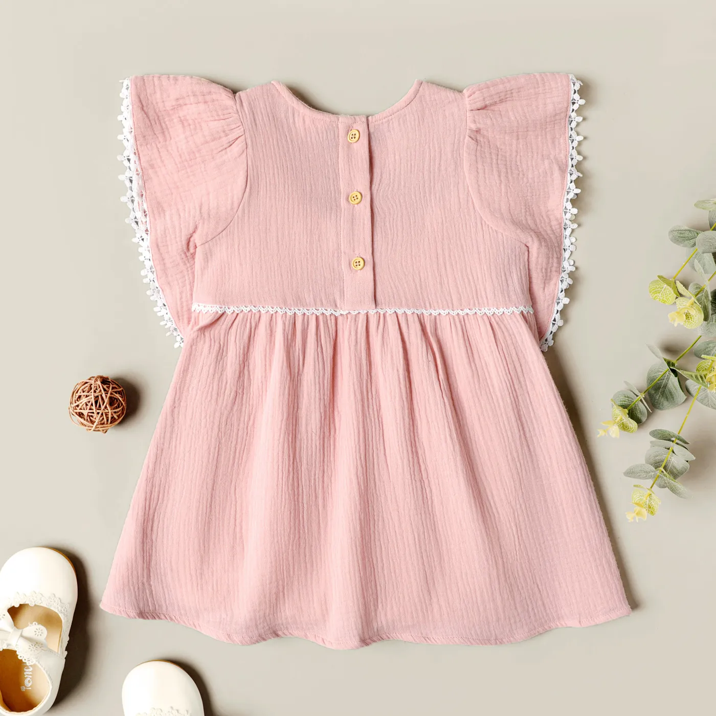Toddler Girl 100% Cotton Crepe Floral Embroidered Lace Detail Ruffle-sleeve Dress Pink image 6