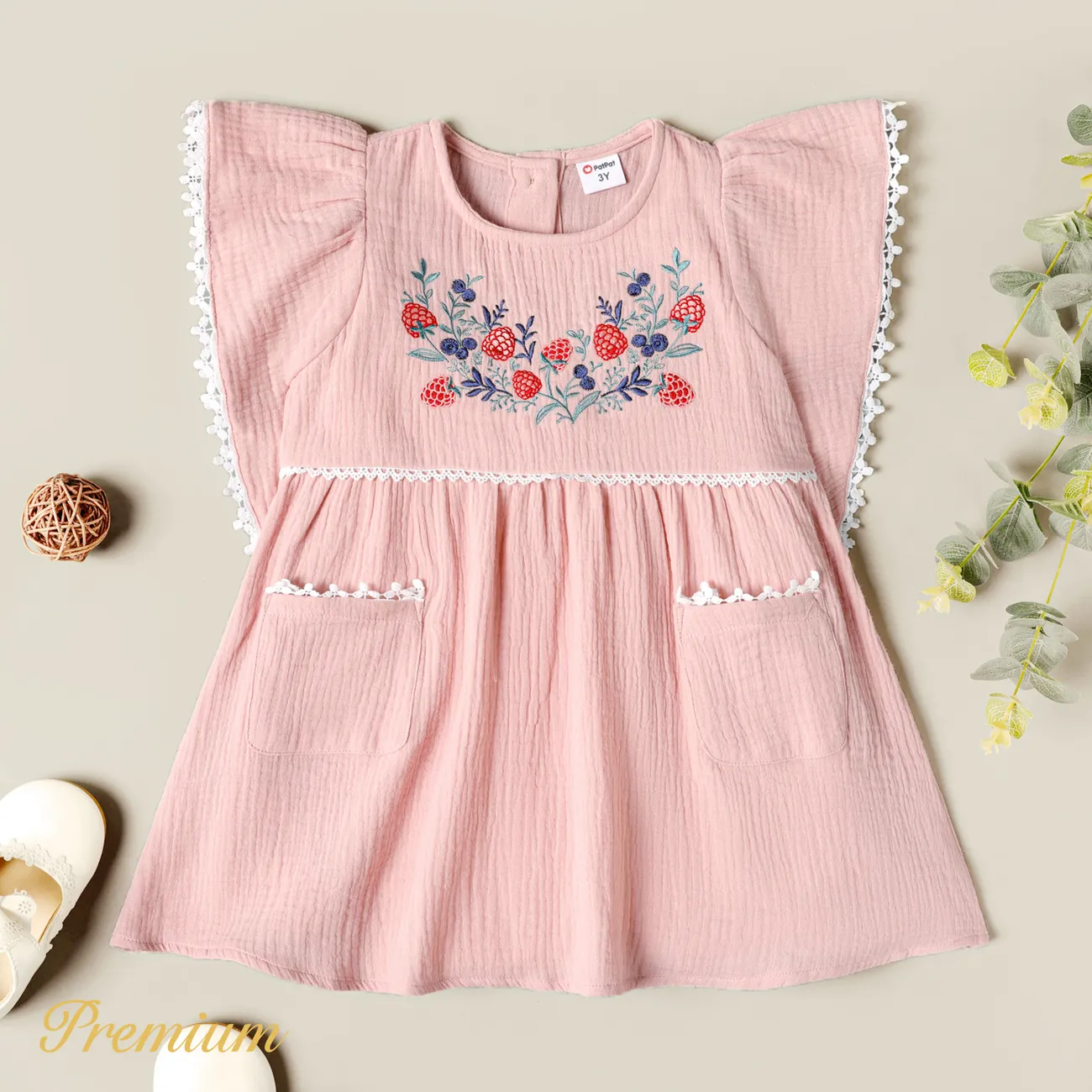 Toddler Girl 100% Cotton Crepe Floral Embroidered Lace Detail Ruffle-sleeve Dress Pink big image 1