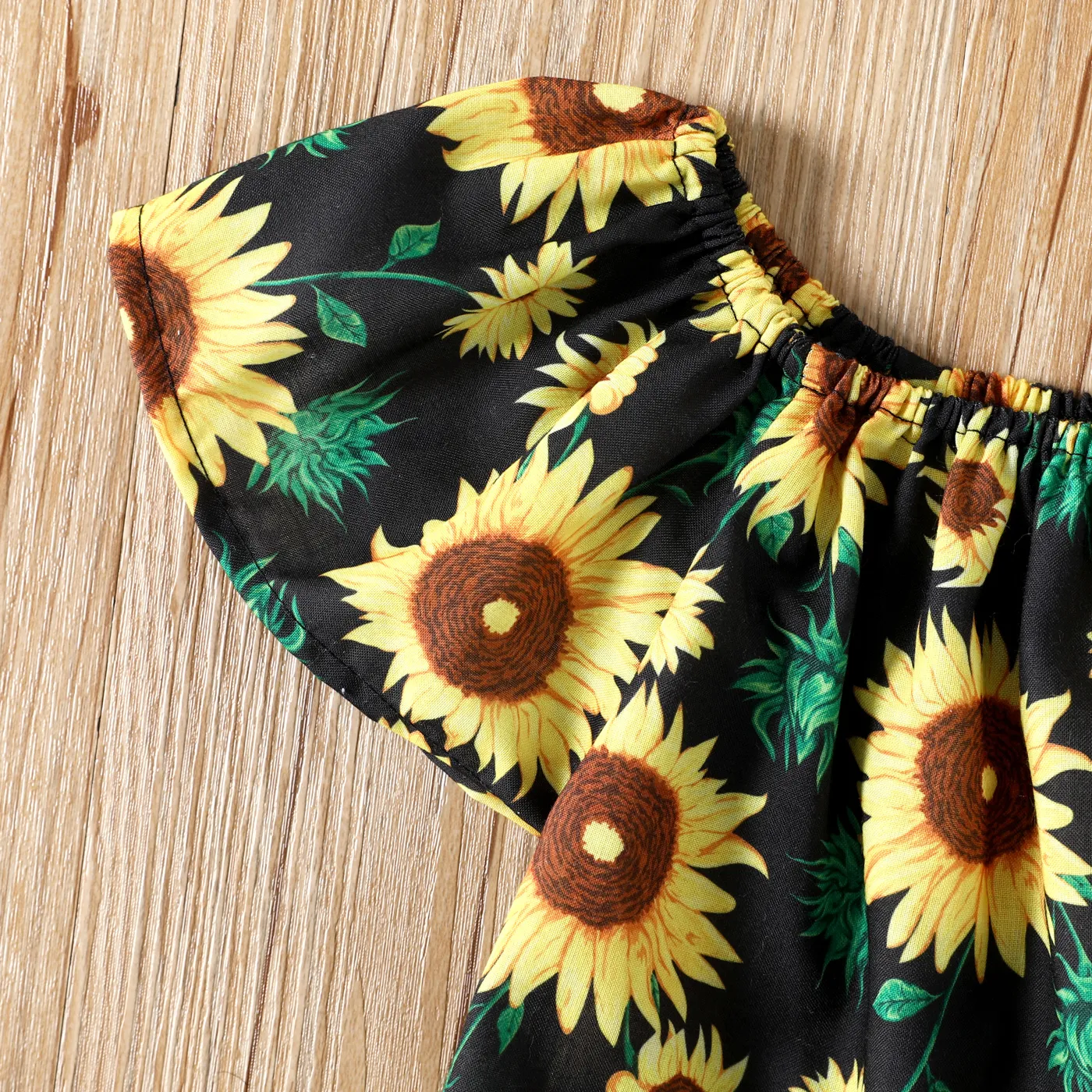 3pcs Toddler Girl Floral Print Flounce Short-sleeve Tee and Ripped Denim Shorts & Headband Set Black image 4