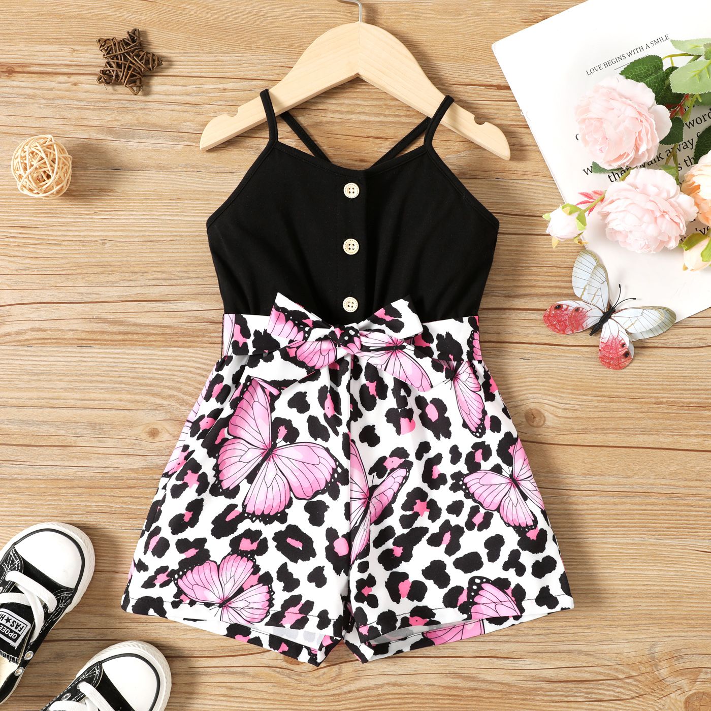 

Toddler Girl Butterfly Print Splice Button Design Slip Rompers