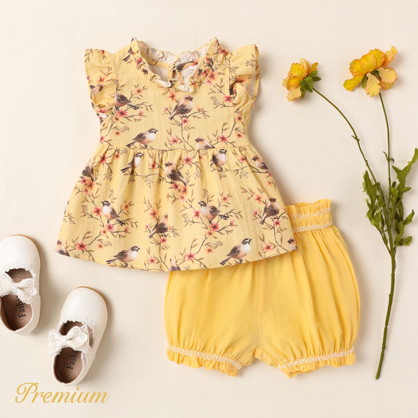 2pcs Baby Girl 100% Cotton Allover Floral Print Frill Trim Tank Top and Shorts Set
