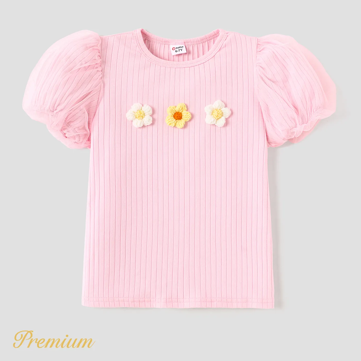 Kid Girl Cotton Ribbed Appliques Detail Mesh Puff-sleeve Tee