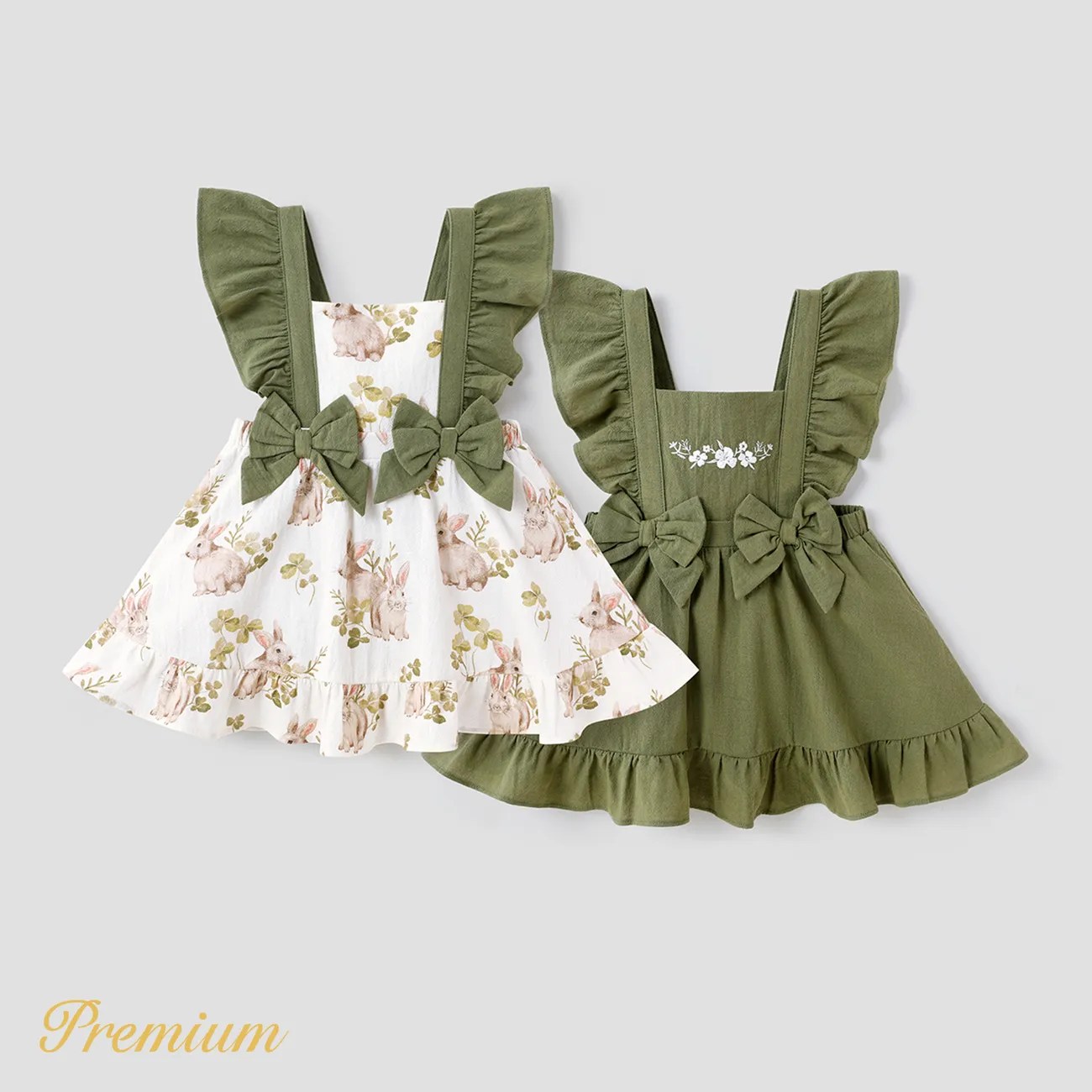 Baby Girl 100% Cotton Bow Front Ruffle Trim Dress SpringGreen big image 1