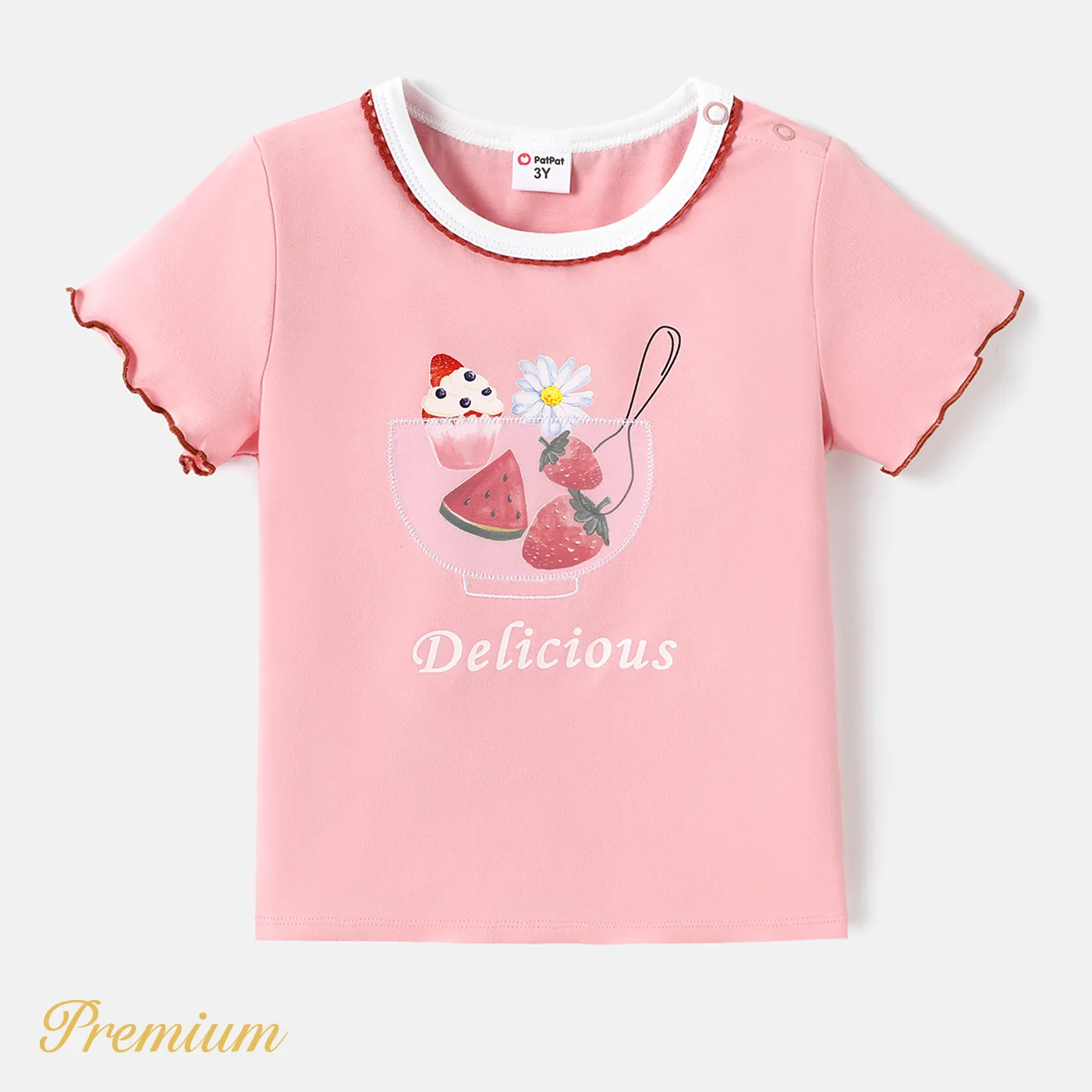 Toddler Girl Cotton Watermelon Print Lettuce Trim Short-sleeve Tee