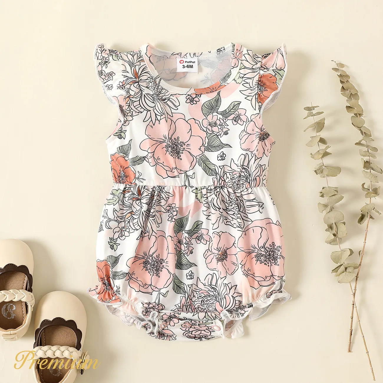 Baby Girl Floral Print Flutter-sleeve Naia™ Romper  big image 1