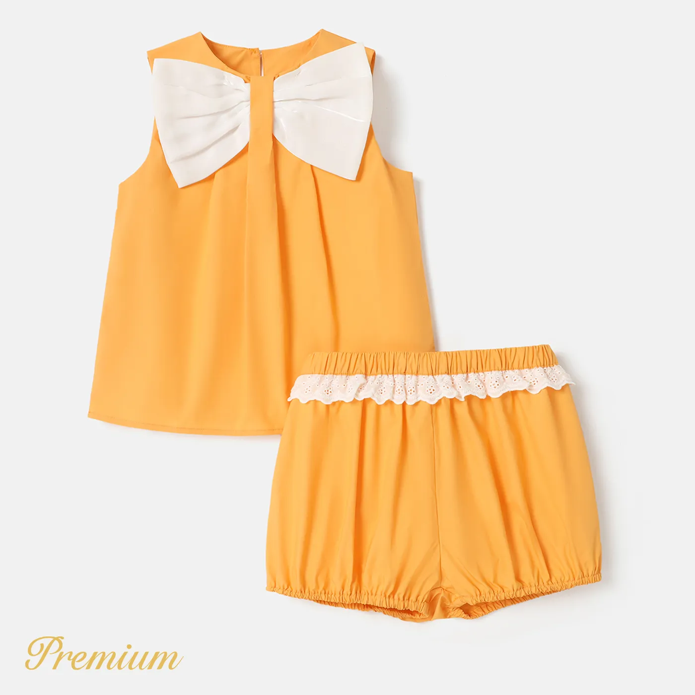 2pcs Kid Girl 100% Cotton Bow Front Tank Top and Lace Detail Shorts Set