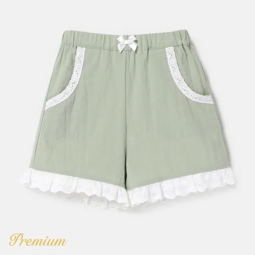 Kid Girl 100% Cotton Bow Decor Lace Hem Shorts