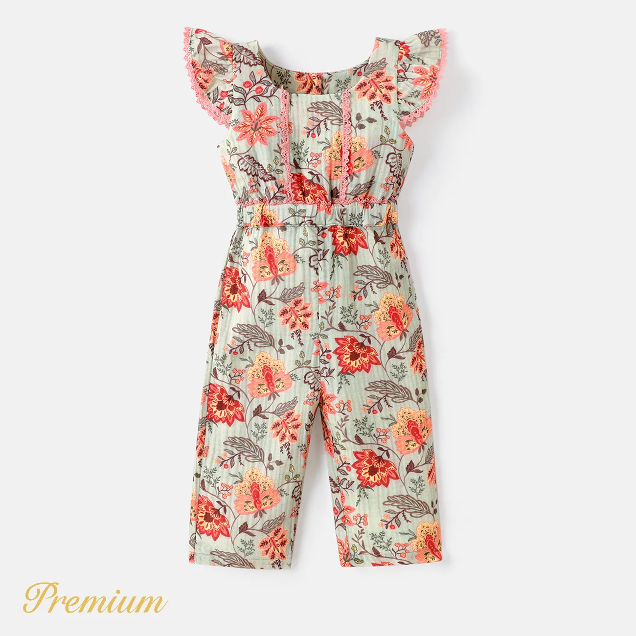 Baby Girl 100% Cotton Crepe Floral Print Lace Detail Flutter-sleeve Jumpsuit  big image 1