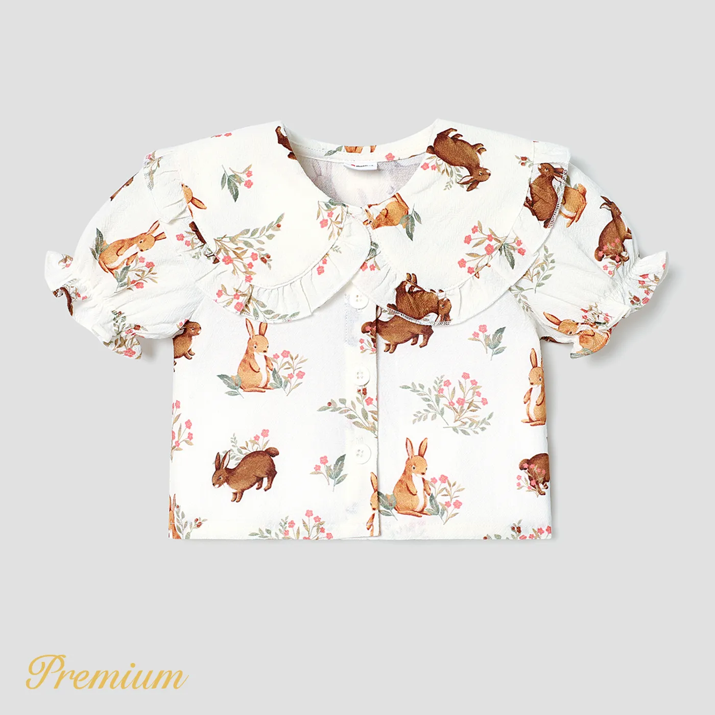 Baby Girl 100% Cotton Allover Animal Print Ruffle Collar Puff-sleeve Top