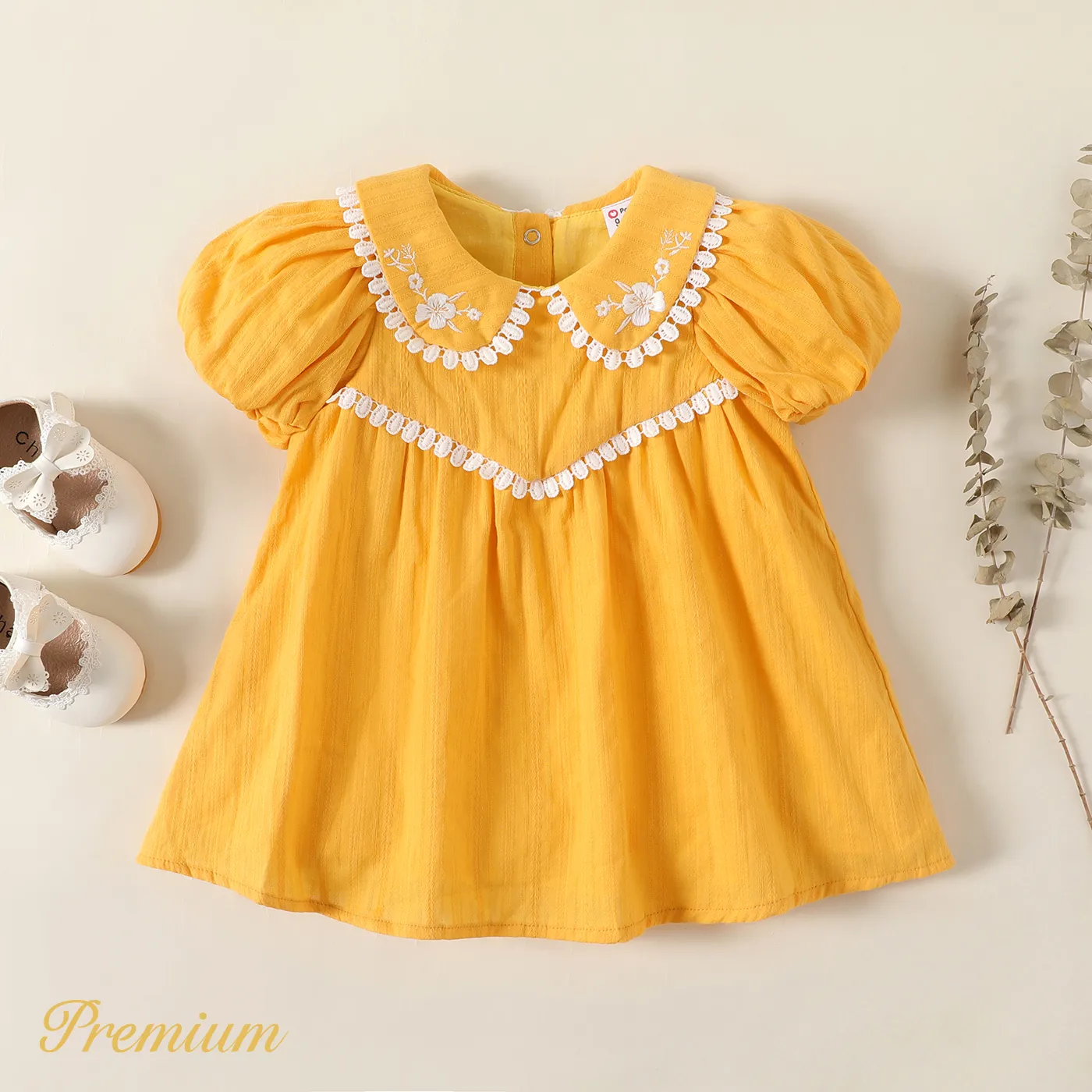 Baby Girl 100% Cotton Floral Embroidered Peter Pan Collar Puff-sleeve Dress