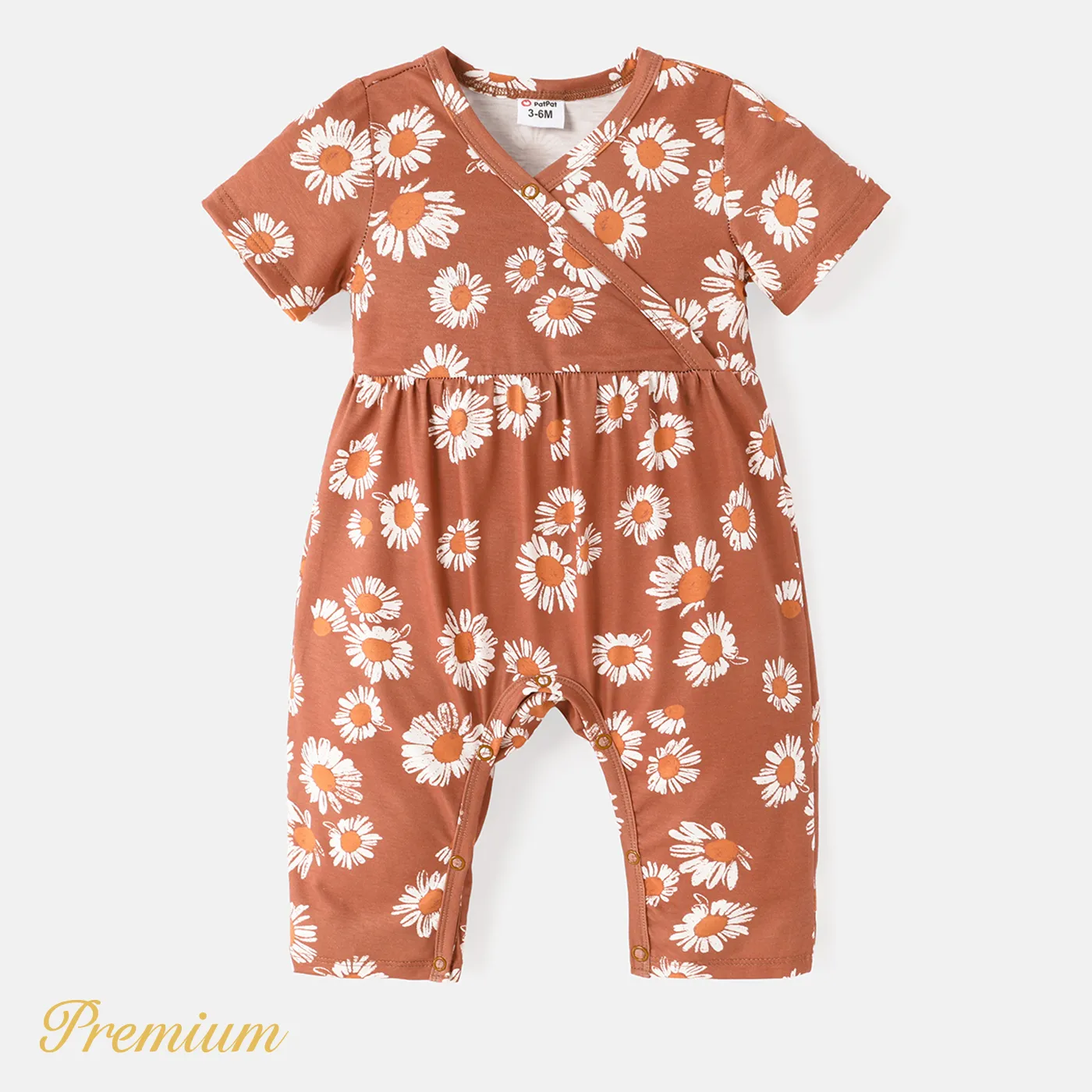 Baby Girl Allover Floral Print Surplice Neck Short-sleeve Naia™ Jumpsuit Brown