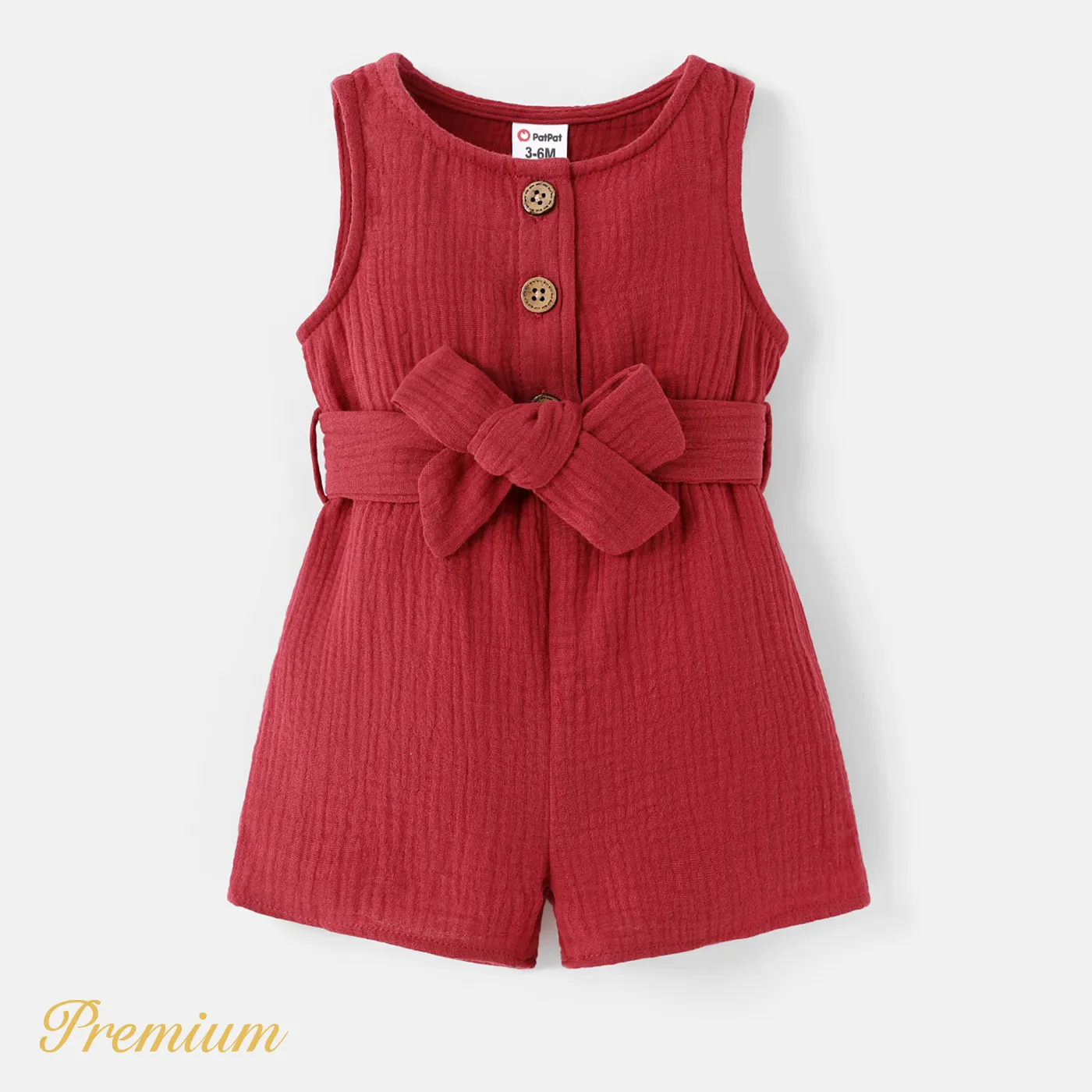Baby Girl 100% Cotton Crepe Button Front Solid Sleeveless Belted Romper WineRed