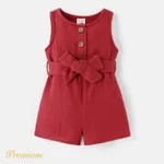 Baby Girl 100% Cotton Crepe Button Front Solid Sleeveless Belted Romper WineRed