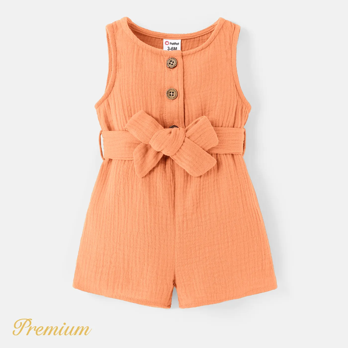 Baby Girl 100% Cotton Crepe Button Front Solid Sleeveless Belted Romper  big image 1