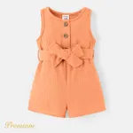 Baby Girl 100% Cotton Crepe Button Front Solid Sleeveless Belted Romper Orange