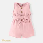 Baby Girl 100% Cotton Crepe Button Front Solid Sleeveless Belted Romper Purple