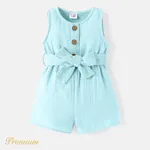 Baby Girl 100% Cotton Crepe Button Front Solid Sleeveless Belted Romper Blue