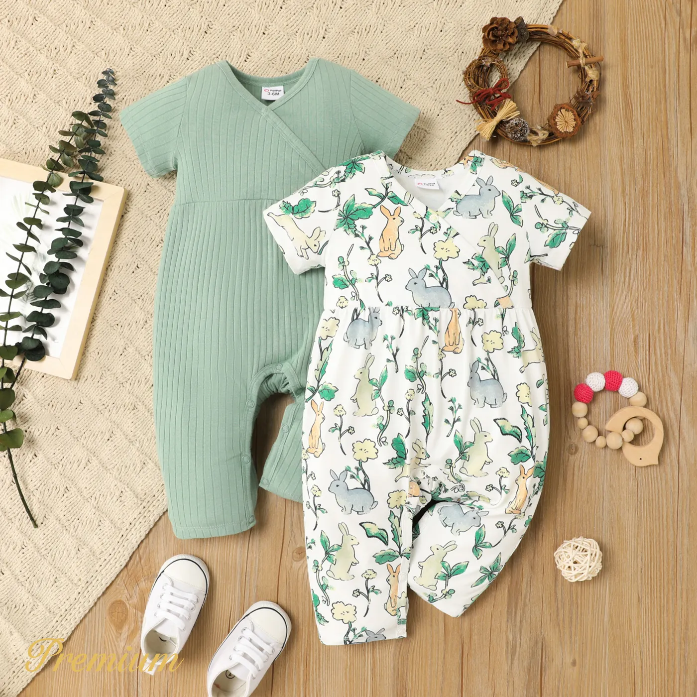 Baby Girl Solid Ribbed or Allover Rabbit Print Short-sleeve Naia™ Jumpsuit