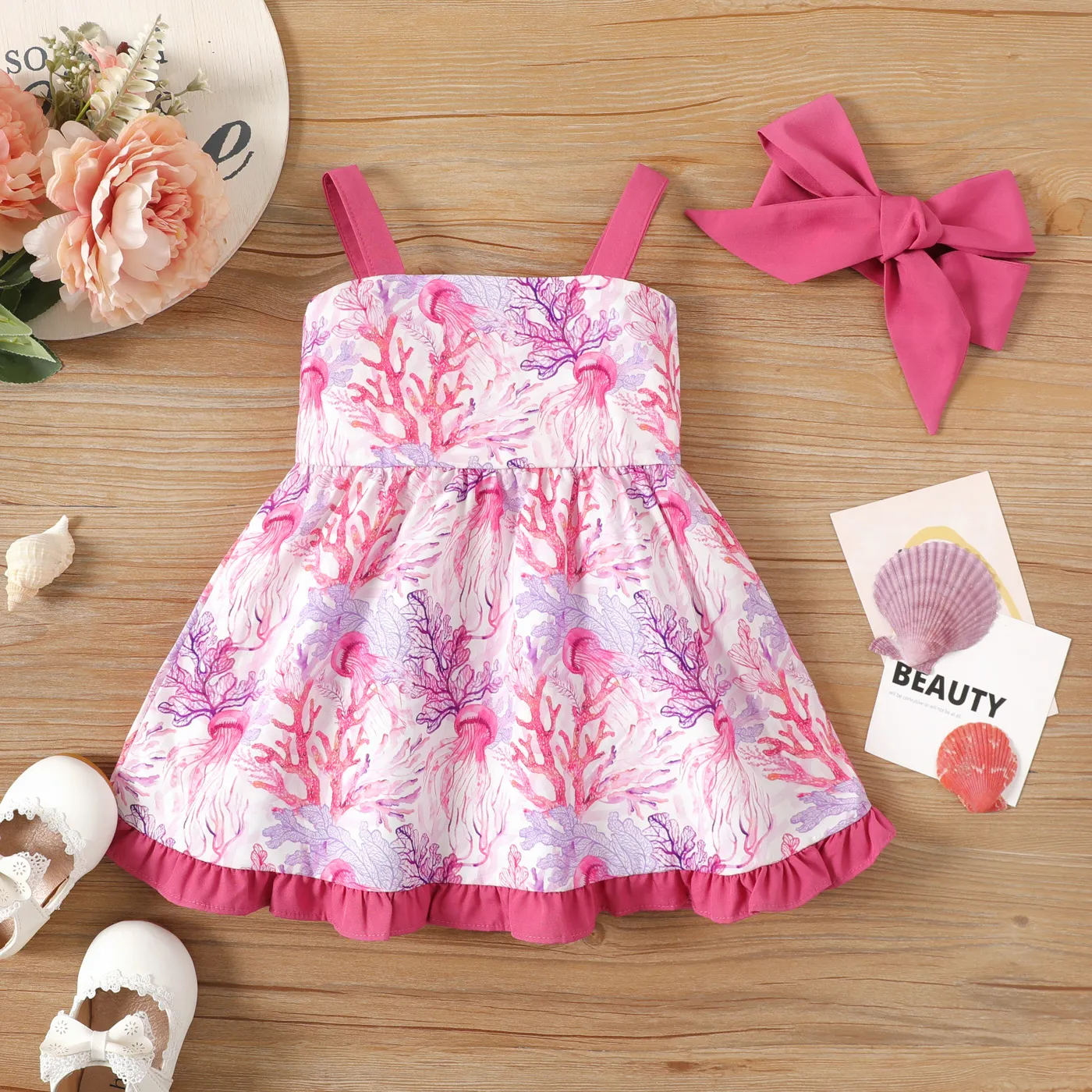 2pcs Baby Girl Allover Floral Print Ruffle Hem Cami Dress & Headband Set