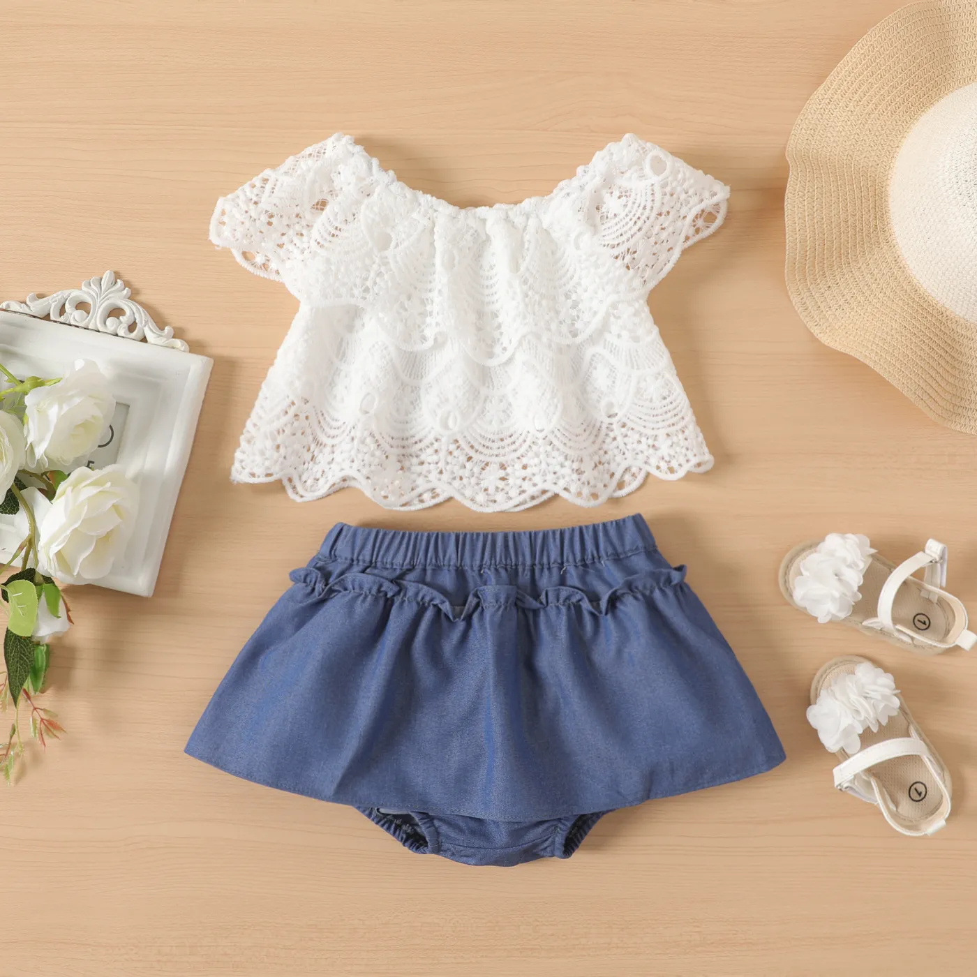 2pcs Baby Girl Solid Off Shoulder Lace Top and Shorts Set White big image 1