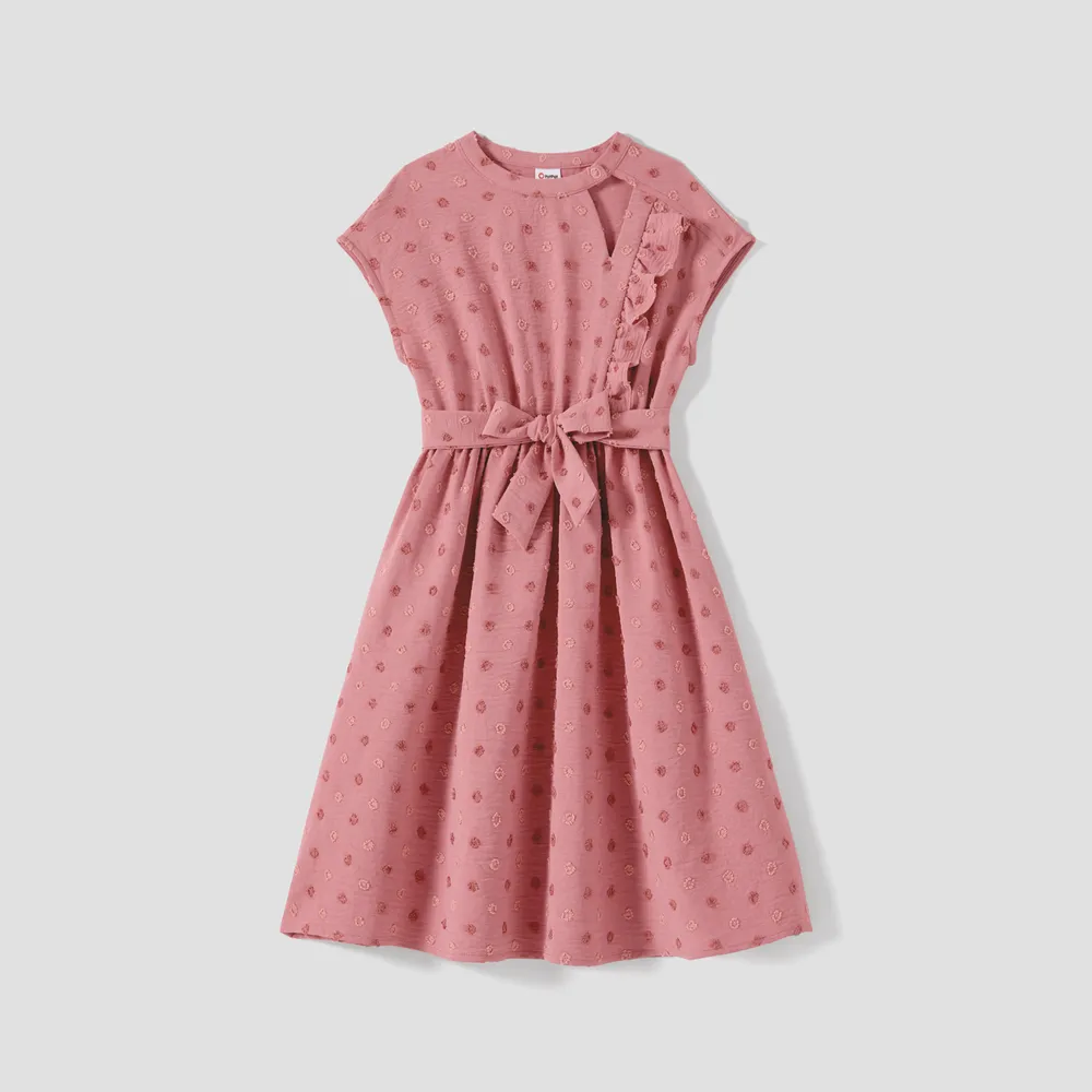 Family Matching Swiss Dot Belted Dresses and Two Tone Short-sleeve T-shirts Sets big image 10