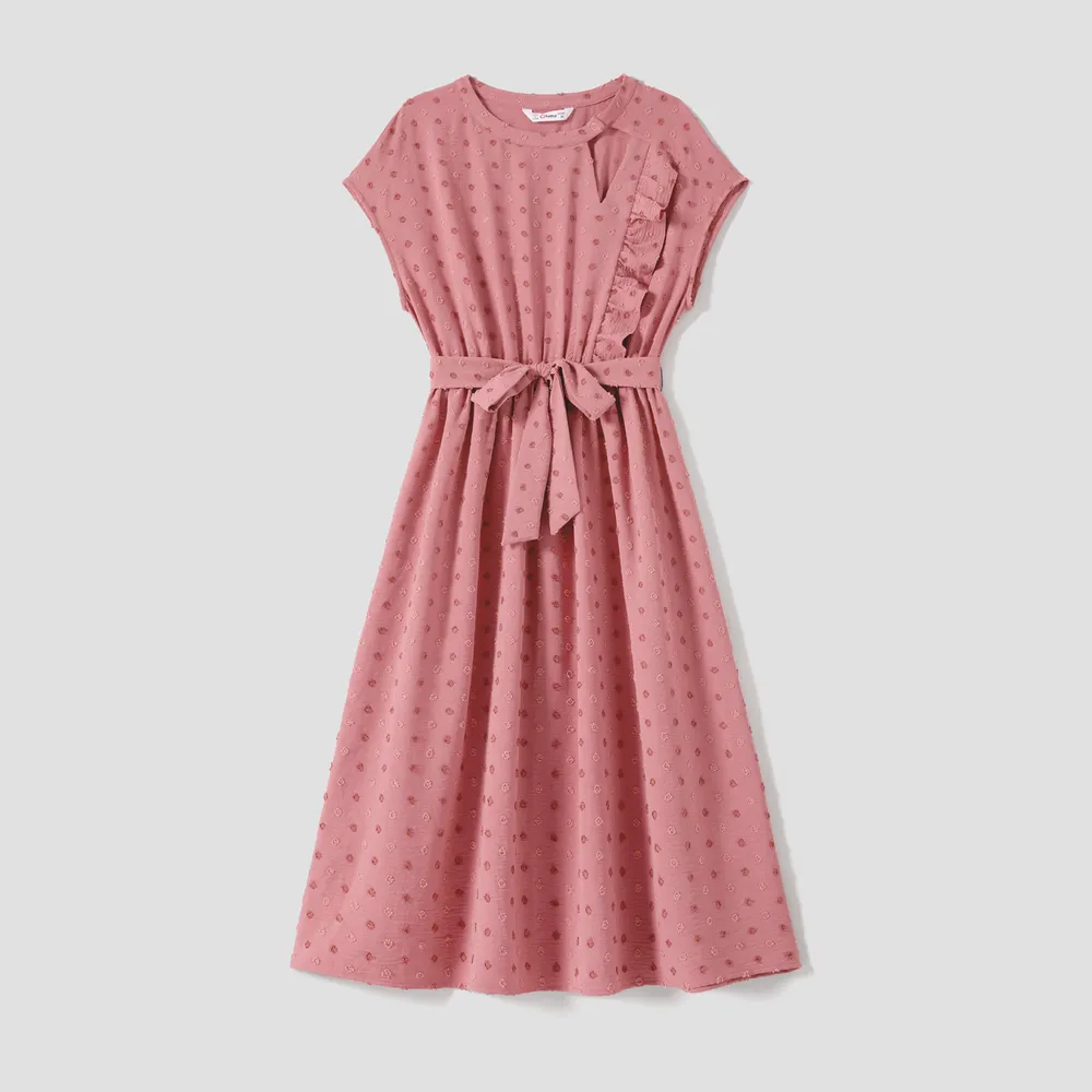 Family Matching Swiss Dot Belted Dresses and Two Tone Short-sleeve T-shirts Sets big image 14