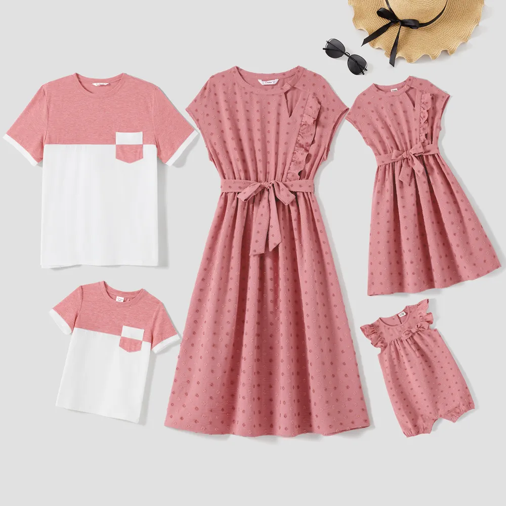 Family Matching Swiss Dot Belted Dresses and Two Tone Short-sleeve T-shirts Sets big image 2