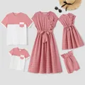 Family Matching Swiss Dot Belted Dresses and Two Tone Short-sleeve T-shirts Sets  image 2