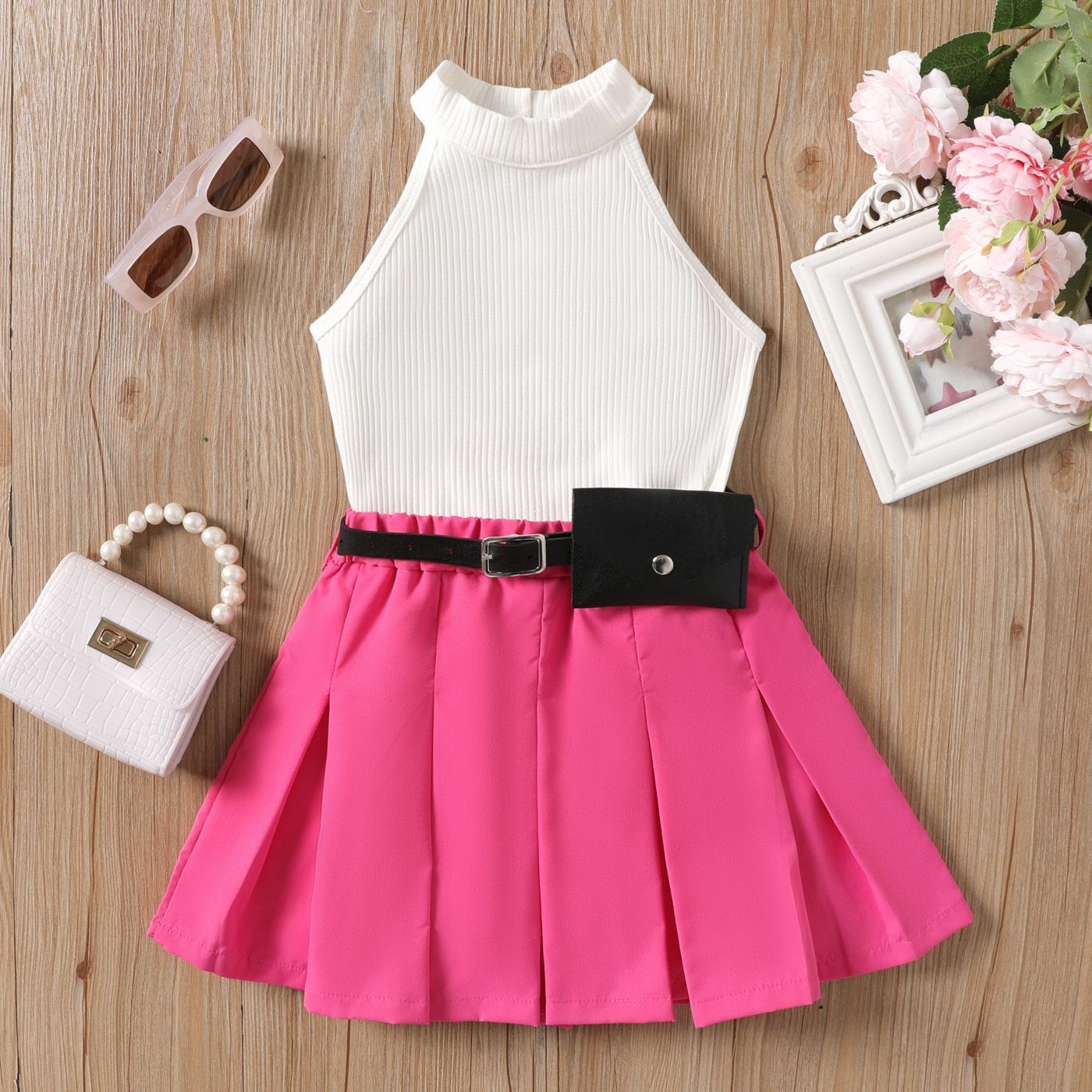 

2pcs Kid Girl Ribbed Halter Tank Top & Pleated Skirt with Fanny Pack Set