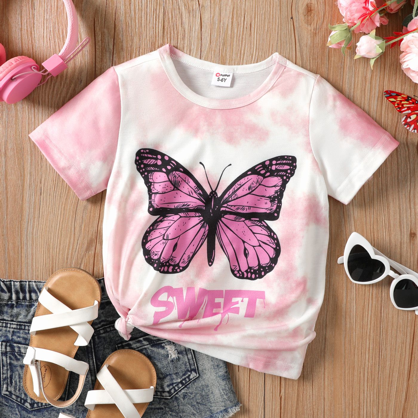 

Kid Girl Tie Dye Butterfly Print Tee / 100% Cotton Flap Pocket Solid Skirt
