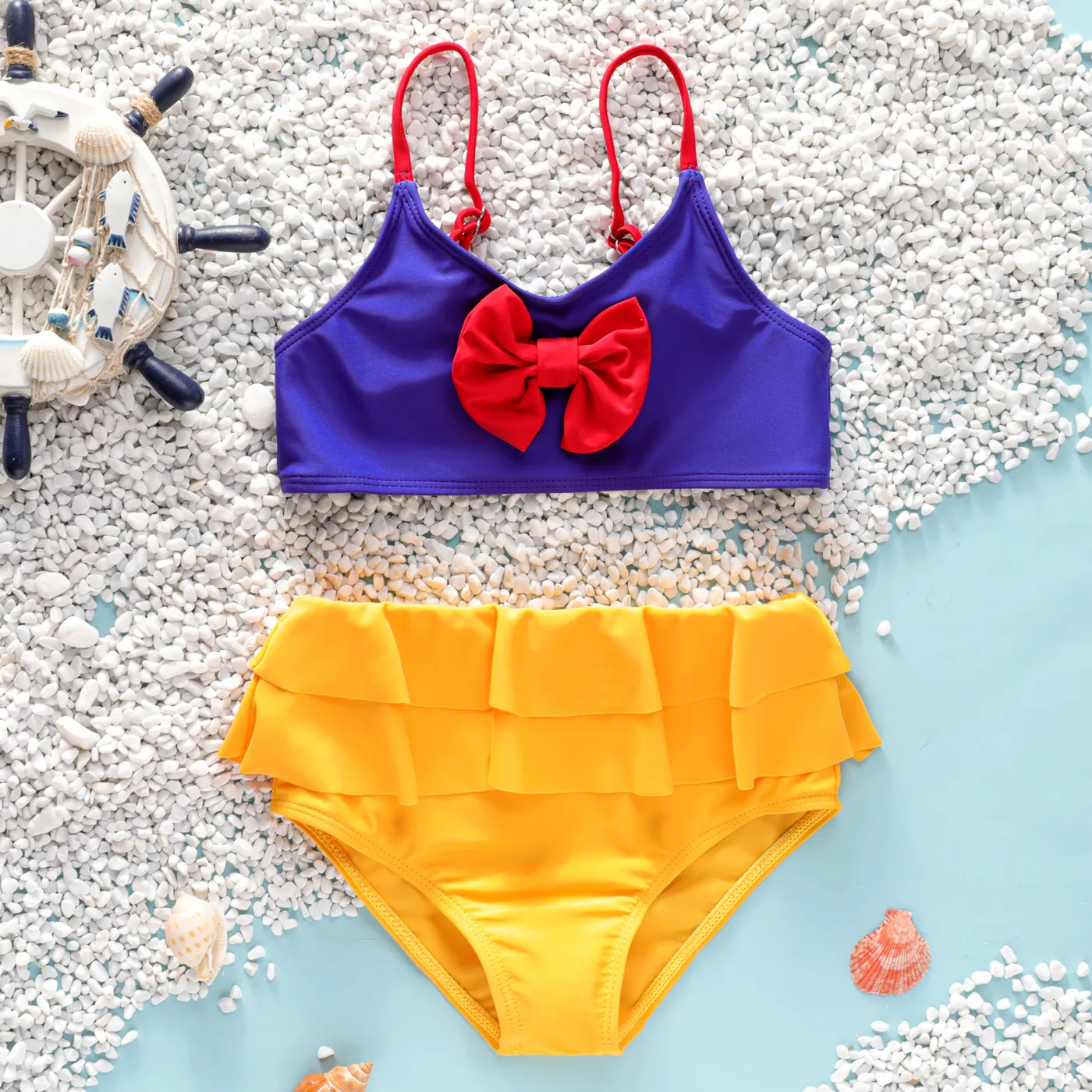 2pcs Kid Girl Bow Front Color Block Swimsuit