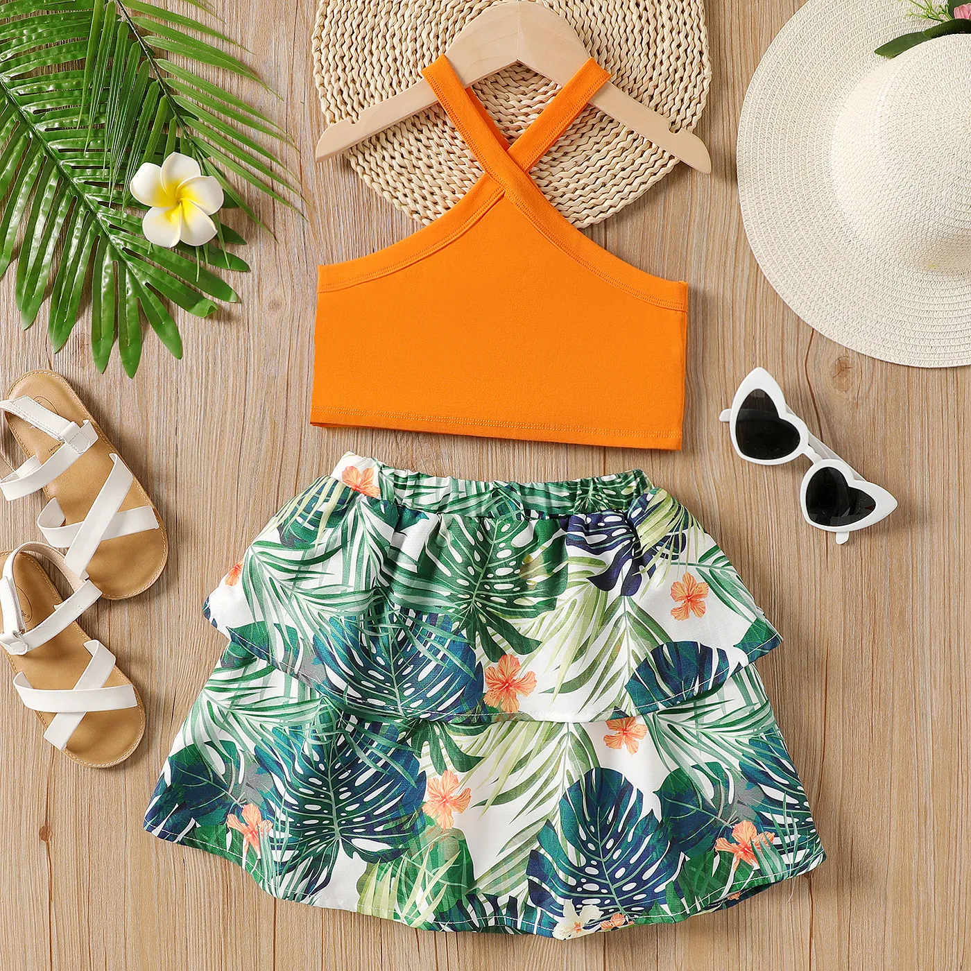 2Pcs Kid Girl Solid Halter Tank Top & Plant Print Skirt Set  image 2