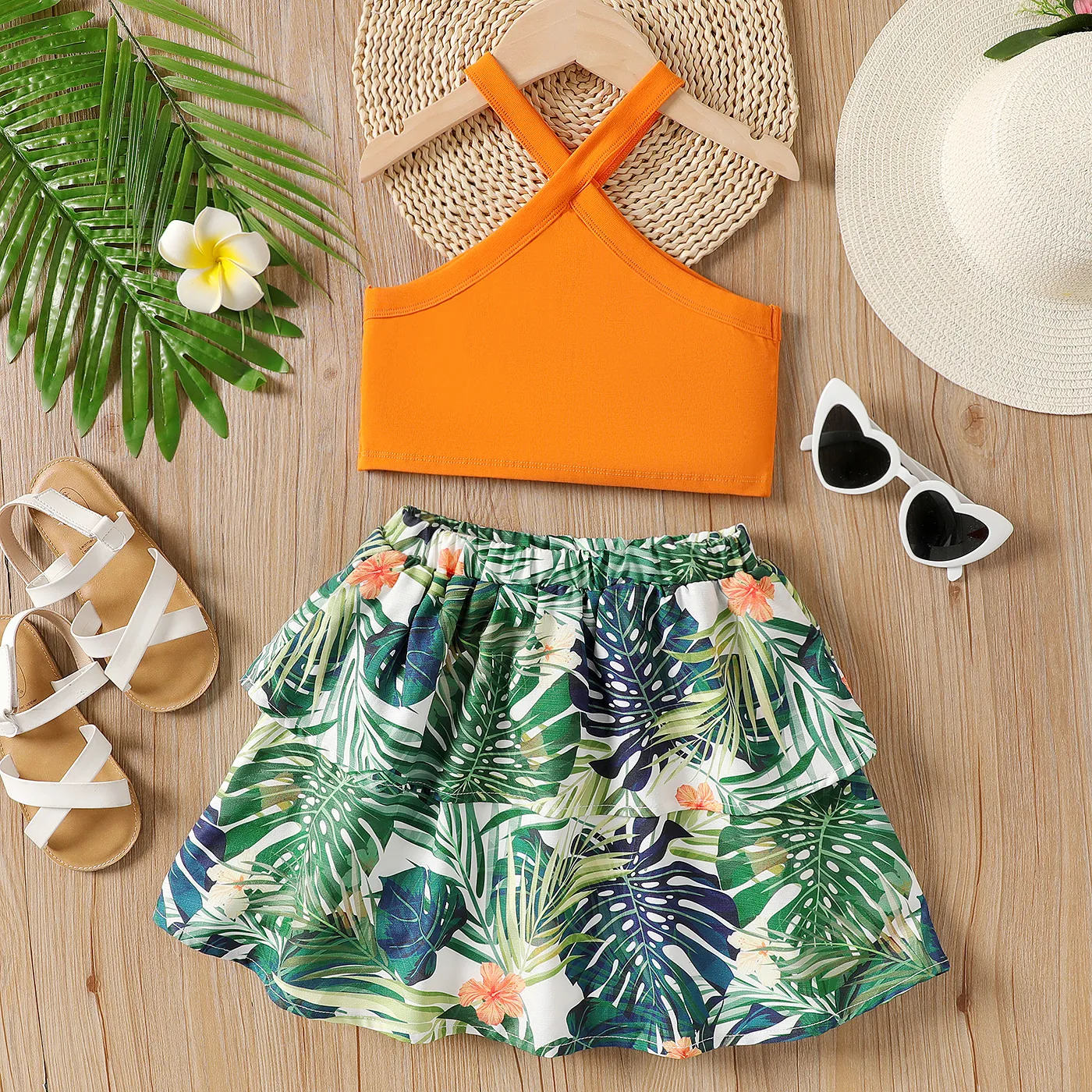 2Pcs Kid Girl Solid Halter Tank Top & Plant Print Skirt Set  big image 1