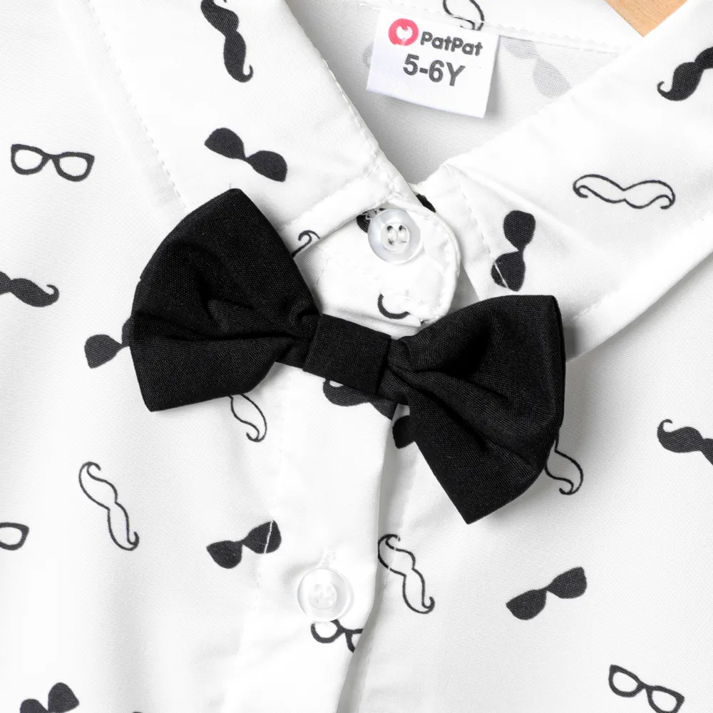 2pcs Kid Boy Allover Print Short-sleeve Bow Tie Shirt and Black Shorts Set  big image 3
