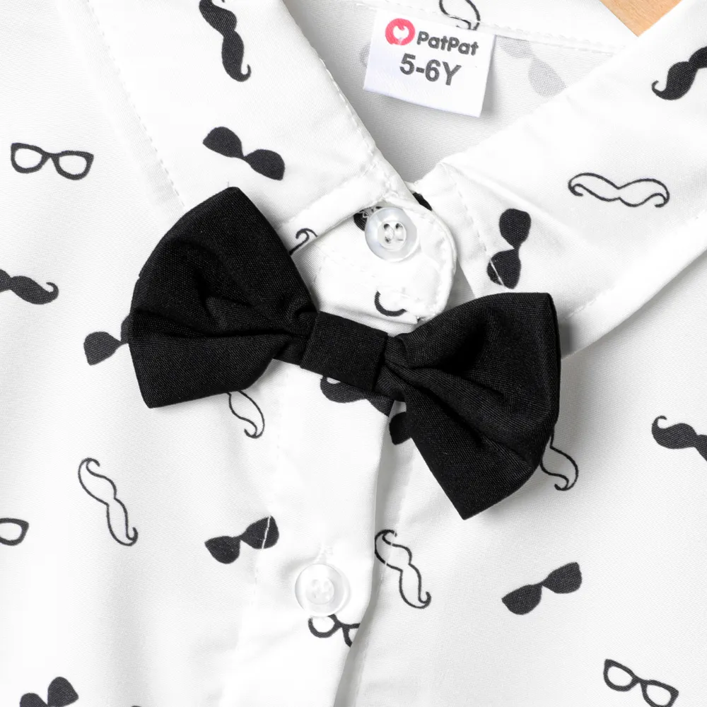 2pcs Kid Boy Allover Print Short-sleeve Bow Tie Shirt and Black Shorts Set big image 3