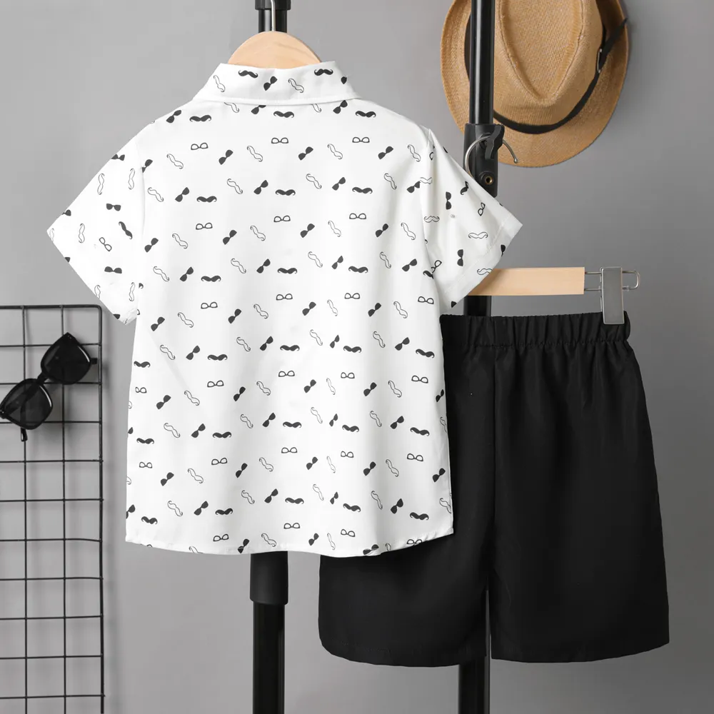 2pcs Kid Boy Allover Print Short-sleeve Bow Tie Shirt and Black Shorts Set big image 2