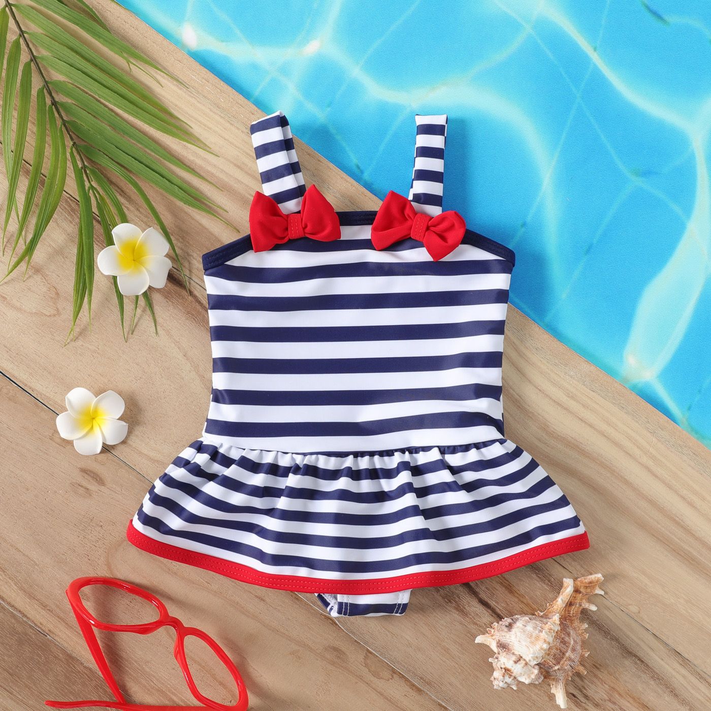 

Baby Girl Contrast Bow Front Striped One-piece Swimsuit
