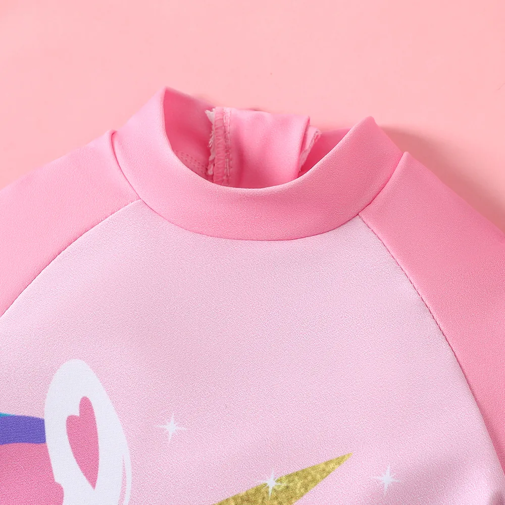 Baby Girl Unicorn Print Colorful Ruffle Trim Short-sleeve One-piece Swimsuit  big image 3