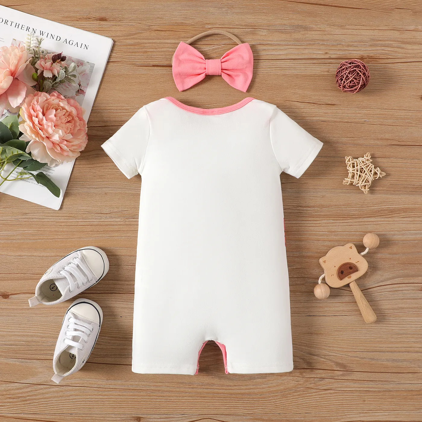 2pcs Baby Girl Bear Print Short-sleeve Romper & Headband Set White image 2